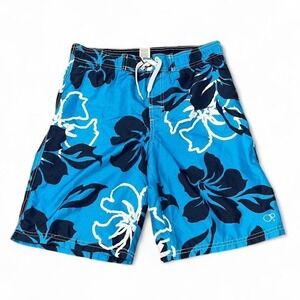 OP blue swim trunks with white floral design Size L